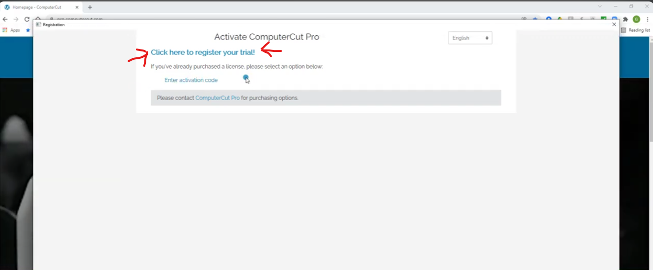 ComputerCut activation screen with the trial registration action identified.