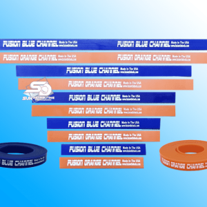 Fusion Channel Squeegee Blades in Blue and Orange, designed for professional film installation, showcasing their durable and versatile construction.