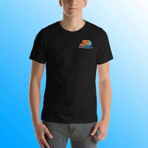 Image is showcasing a black unisex t-shirt by Sun Distributing wearing by a man