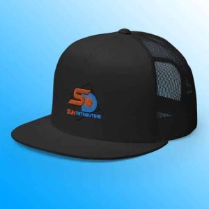 Black trucker cap with SunDistributing logo on the front, featuring a structured five-panel design and snapback closure.