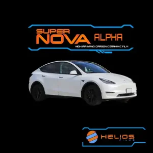 Super Nova Alpha IRR nano carbon ceramic window film with a white Tesla Model Y.
