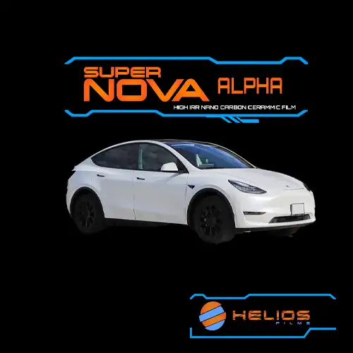 Super Nova Alpha IRR 1 Super Nova Alpha IRR nano carbon ceramic window film with a white Tesla Model Y.