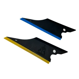 Two Conquerer corner reach tools – one blue and one yellow – featuring a soft squeegee blade and hard card tips on the ends.
