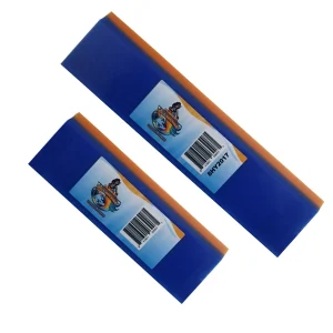 A pair of Fusion Hybrid Squeegee Blades, featuring one blue side and one orange side, designed for versatile window film applications.
