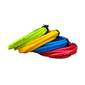 Multi-colored flexible air hoses coiled together in green, yellow, blue, and red.