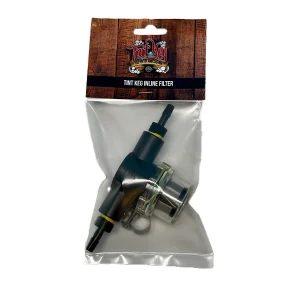 Tint Keg Inline Filter in retail packaging, featuring a black nylon body, clear poly bowl, and stainless steel mesh filter.