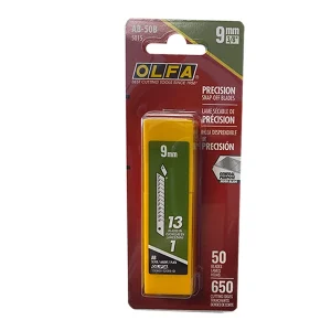 OLFA AB-50B Silver Carbon Blades, pack of 50, designed for precision cutting with OLFA 9mm snap-off knives.