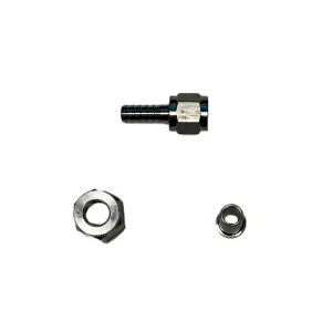 Three stainless steel components including a threaded barb, hex nut, and ferrule, arranged on a white background.