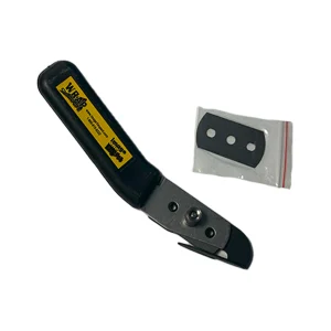 Wrap cut knife with a black handle, yellow branding, and a sharp metal blade, includes extra replacement blades in a sealed plastic pouch.